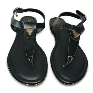 Guess Black Gold Triangle Logo T Strap Thong Flat Sandals Ankle Strap Charm 6M